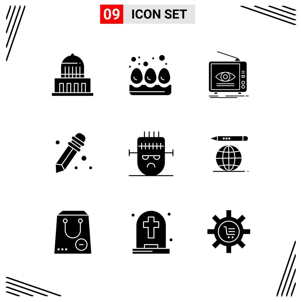 9 Symbole Solid Style Grid basierte kreative Glyphen-Symbole für Website-Design Einfache solide Symbolzeichen isoliert auf weißem Hintergrund 9 Icon-Set vektor