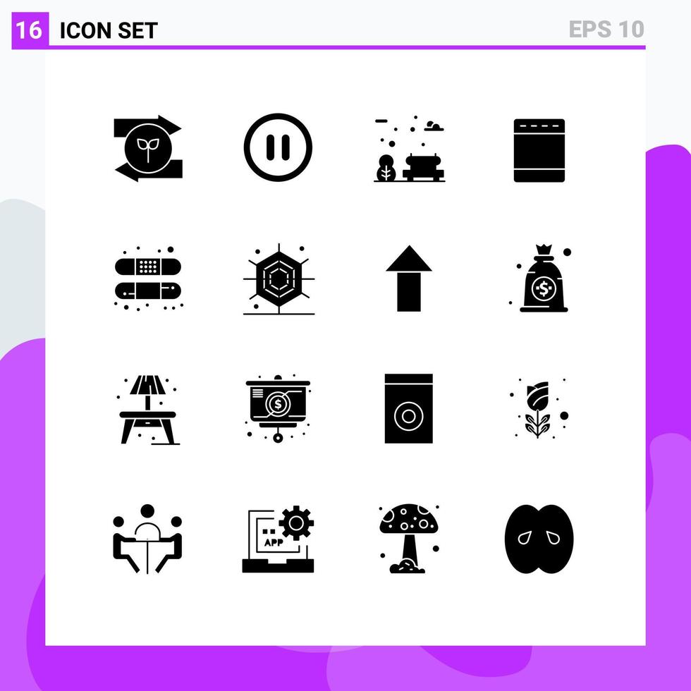 mobile Schnittstelle solider Glyphensatz von 16 Piktogrammen von Behandlungsband Parkhilfe Küche editierbare Vektordesign-Elemente vektor