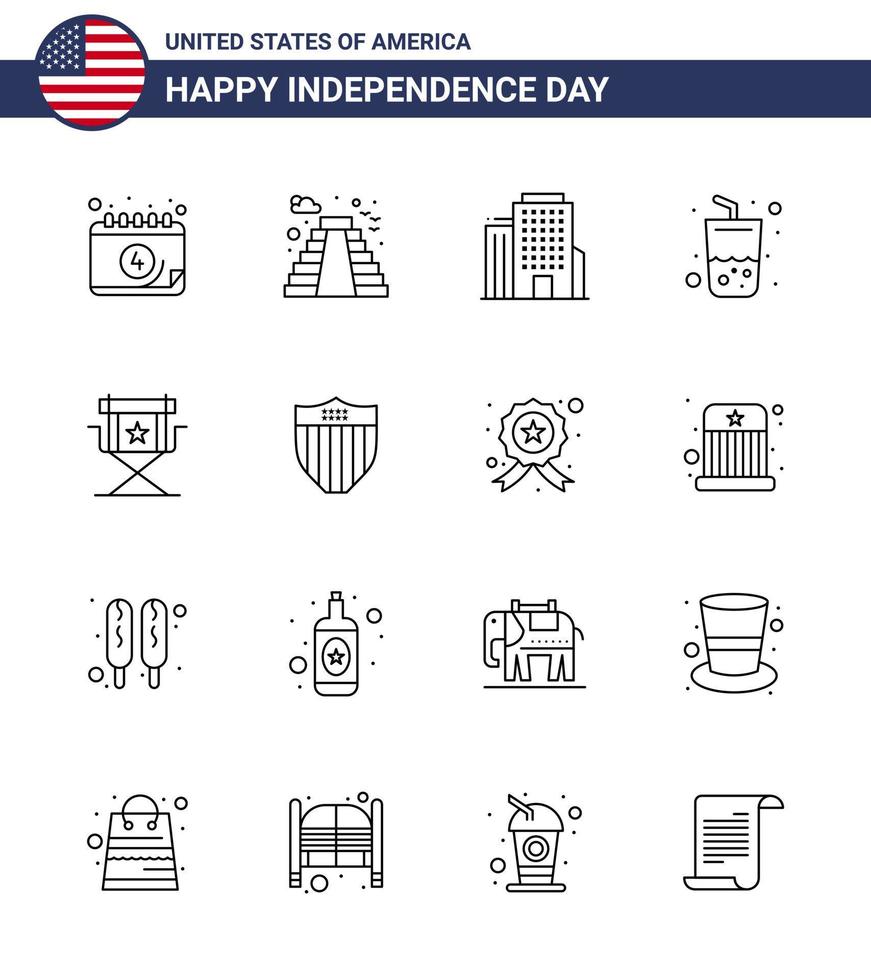 packa av 16 USA oberoende dag firande rader tecken och 4:e juli symboler sådan som bio stol byggnad cola dryck redigerbar USA dag vektor design element