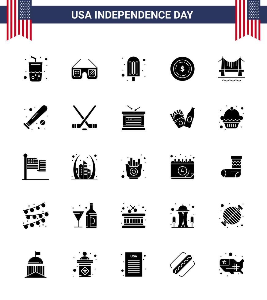 Solide Glyphenpackung mit 25 Symbolen für den Unabhängigkeitstag der USA des Stadtbildes vektor