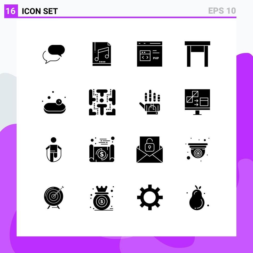 Gruppe von 16 soliden Glyphen Zeichen und Symbolen für Suppe Haushaltsgeräte Code Home PHP editierbare Vektordesign-Elemente vektor