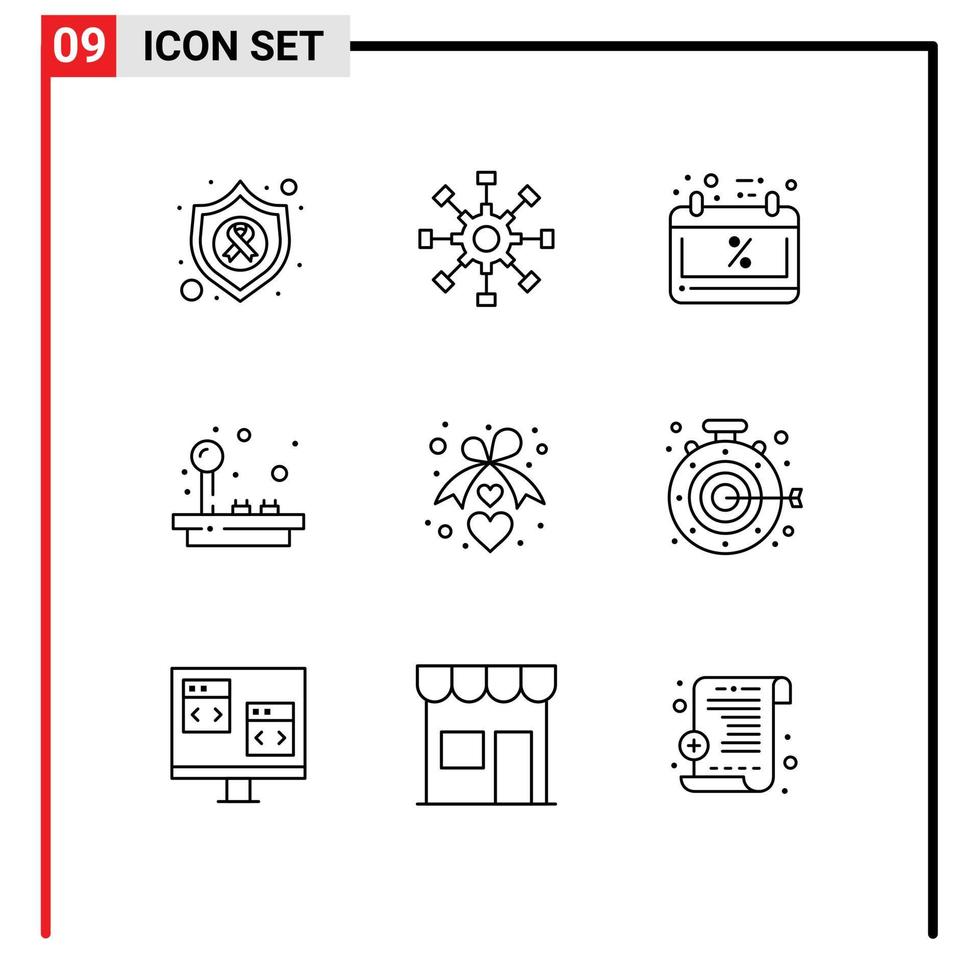 universell ikon symboler grupp av 9 modern konturer av hjärta spel lagarbete roligt schema försäljning redigerbar vektor design element