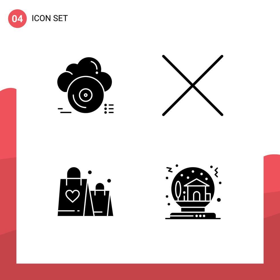 grupp av 4 fast glyfer tecken och symboler för CD hjärta moln radera skål redigerbar vektor design element