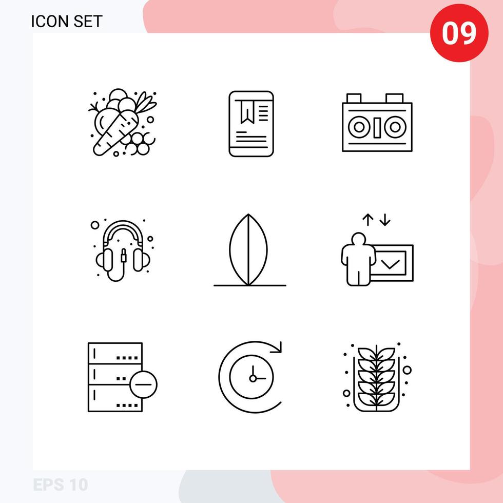 9-Benutzeroberflächen-Gliederungspaket mit modernen Zeichen und Symbolen von Audio-bearbeitbaren Vektordesign-Elementen für Surfkopfhörerkamera-Hardware vektor