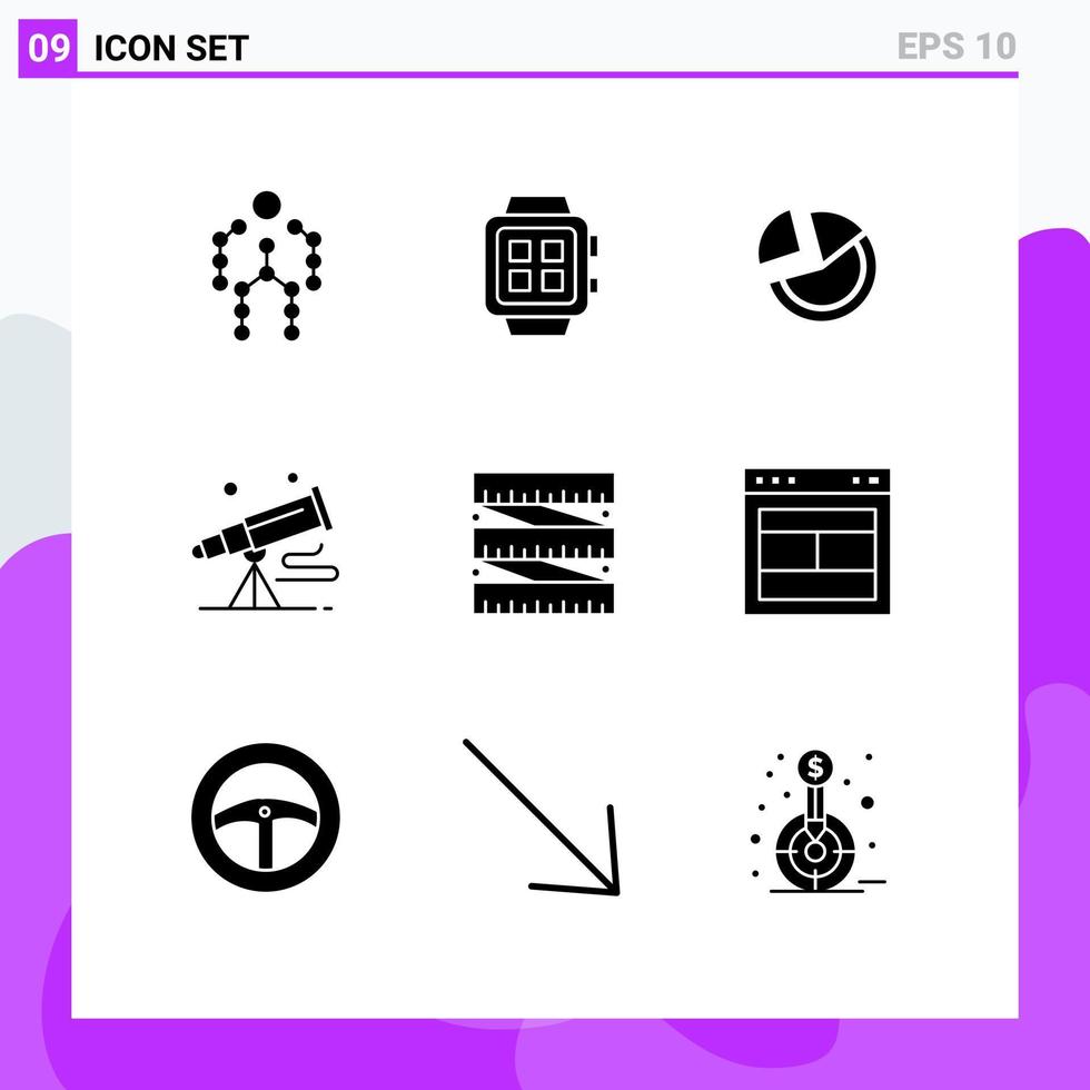 grupp av 9 modern fast glyfer uppsättning för teleskop kikare teknologi paj diagram redigerbar vektor design element