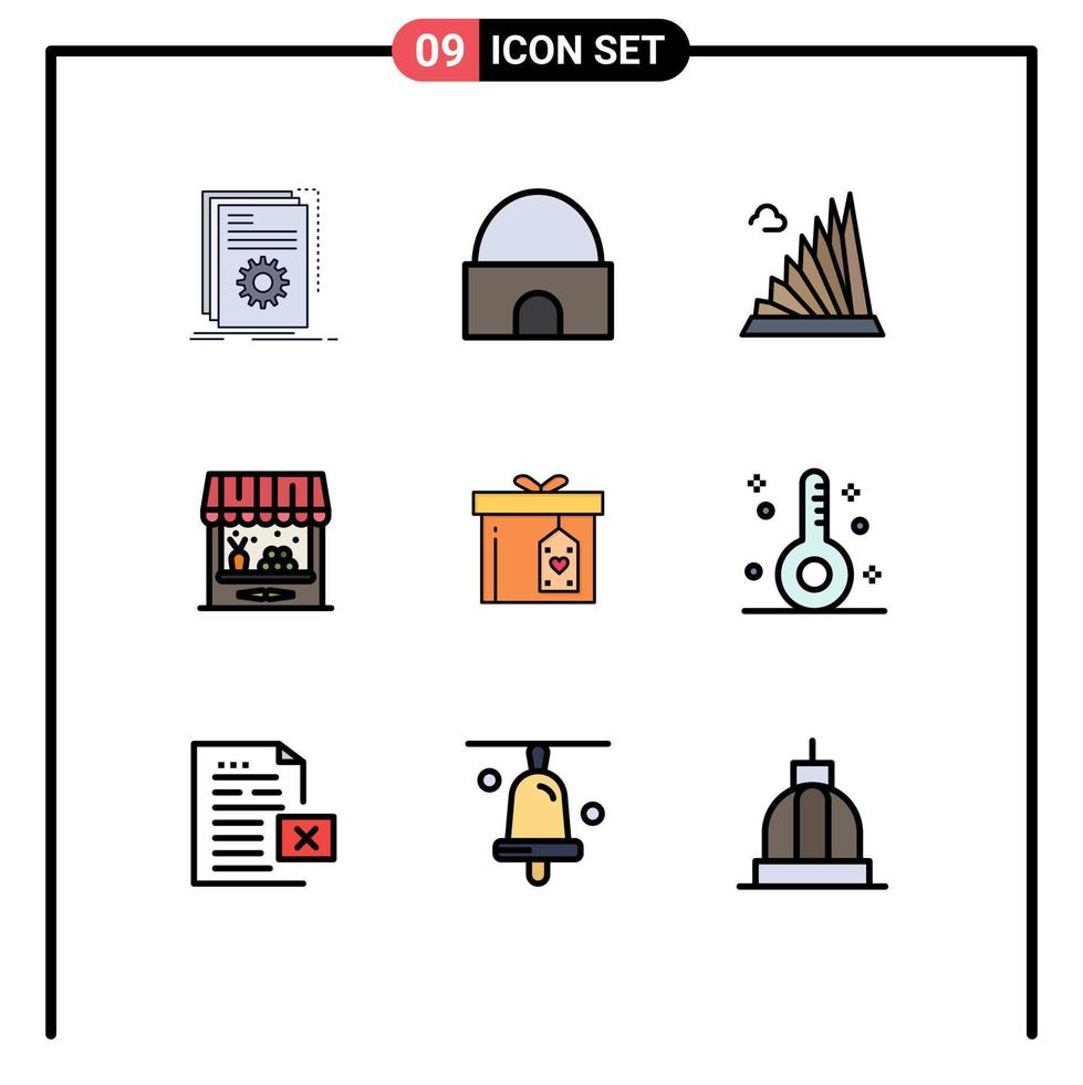 Packung mit 9 kreativen Filledline-Flachfarben von Lagerhaus-Landwirtschaftsmoschee-Märtyrer-Anwesen editierbare Vektordesign-Elemente vektor