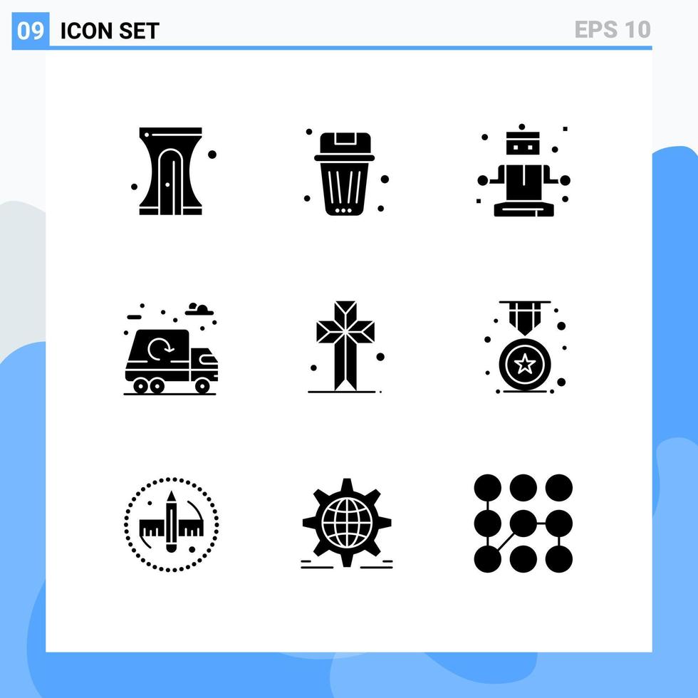 Mobile Schnittstelle solider Glyphensatz von 9 Piktogrammen von editierbaren Vektordesign-Elementen der Kirchenlastwagen-Müllmüllstadt vektor
