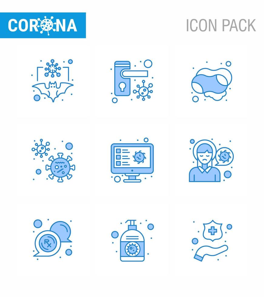 Coronavirus-Prävention Set Icons 9 blaues Symbol wie Computer-Covid-Bakterien Coronavirus Handseife Virus-Coronavirus 2019nov-Krankheitsvektor-Designelemente vektor