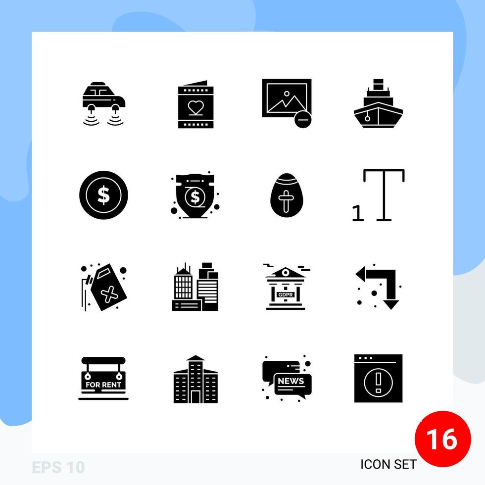 Packung mit 16 modernen Solid-Glyphen-Zeichen und Symbolen für Web-Printmedien wie Fahrzeuge transportieren Valentinsgrüße gefüllte fotobearbeitbare Vektordesign-Elemente vektor