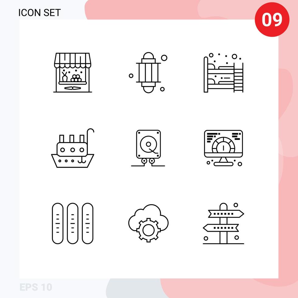 9 tematiska vektor konturer och redigerbar symboler av audio fartyg bebis säng fartyg fiskare redigerbar vektor design element