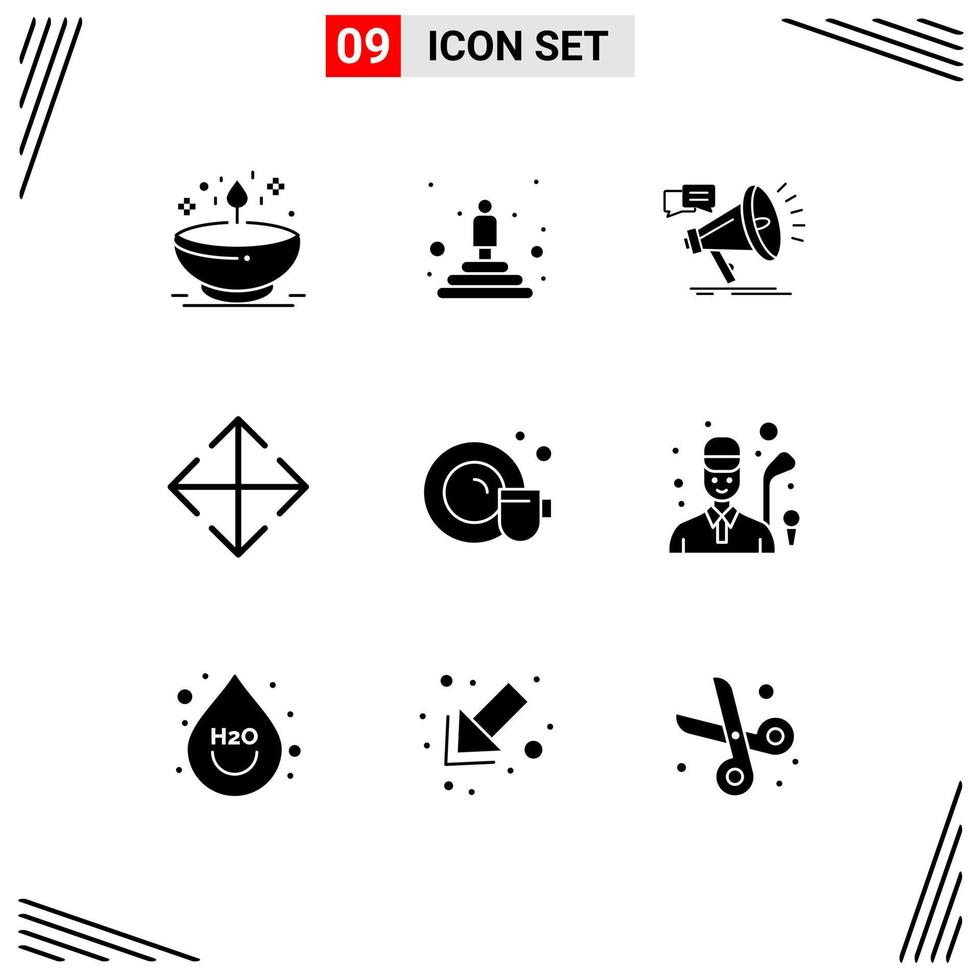 9 användare gränssnitt fast glyf packa av modern tecken och symboler av maträtt flytta vinnare pil promo redigerbar vektor design element