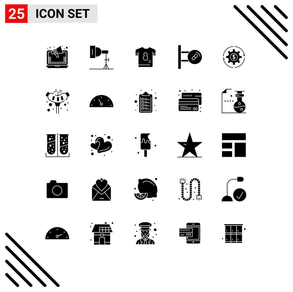 Solide Glyphenpackung mit 25 universellen Symbolen für Umsatzpillen Fußballbrett Fußball editierbare Vektordesign-Elemente vektor