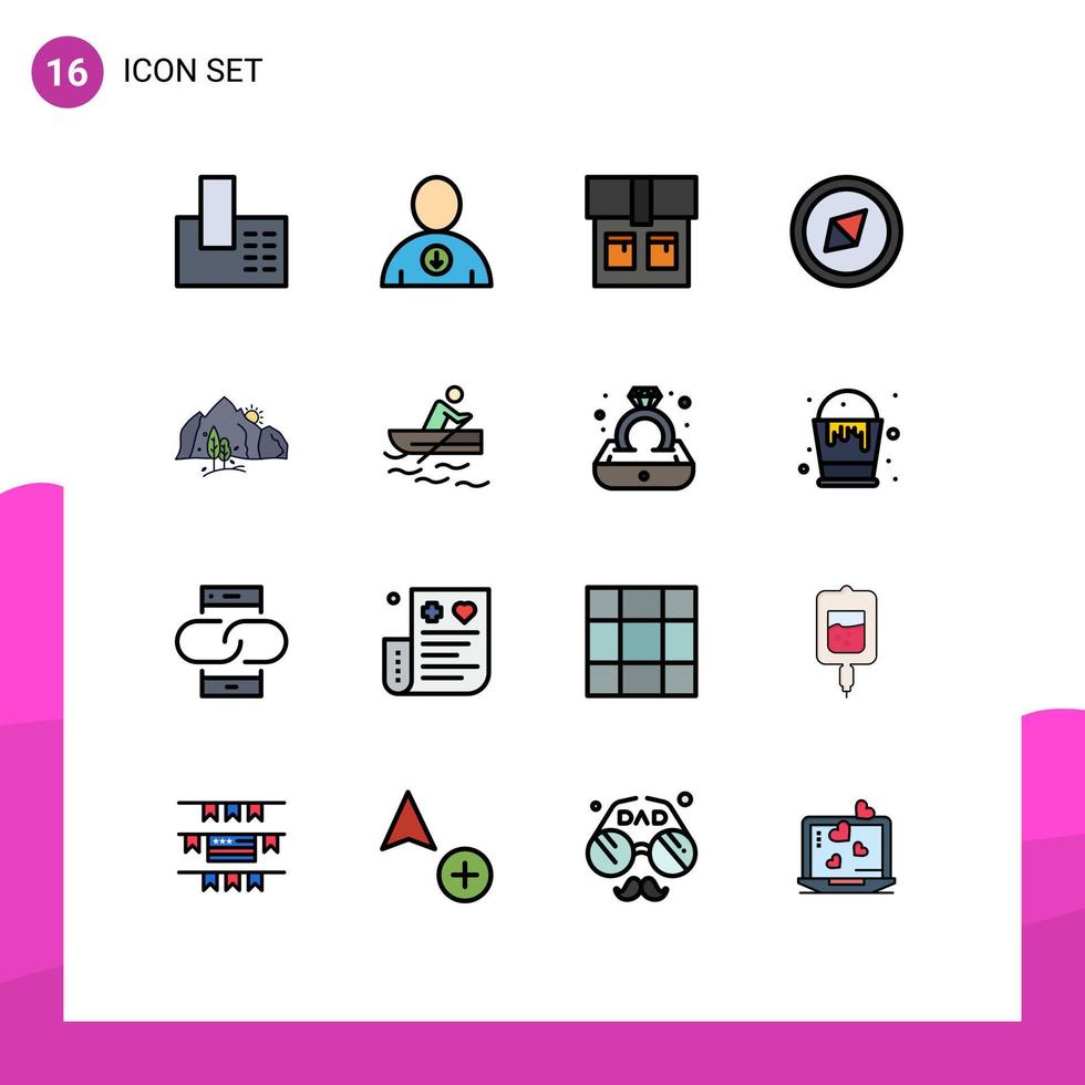 piktogram uppsättning av 16 enkel platt Färg fylld rader av båt berg mode natur kulle redigerbar kreativ vektor design element