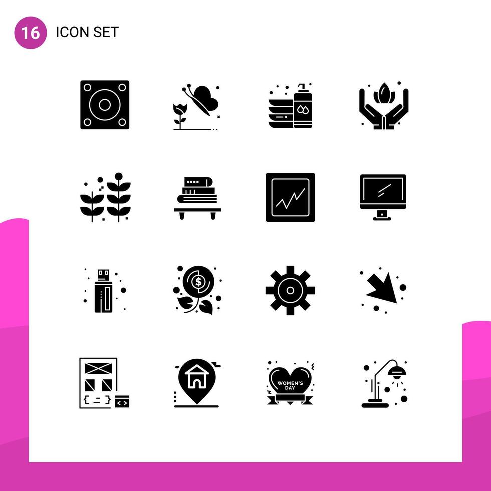 grupp av 16 fast glyfer tecken och symboler för växt företag rena bastu hand redigerbar vektor design element