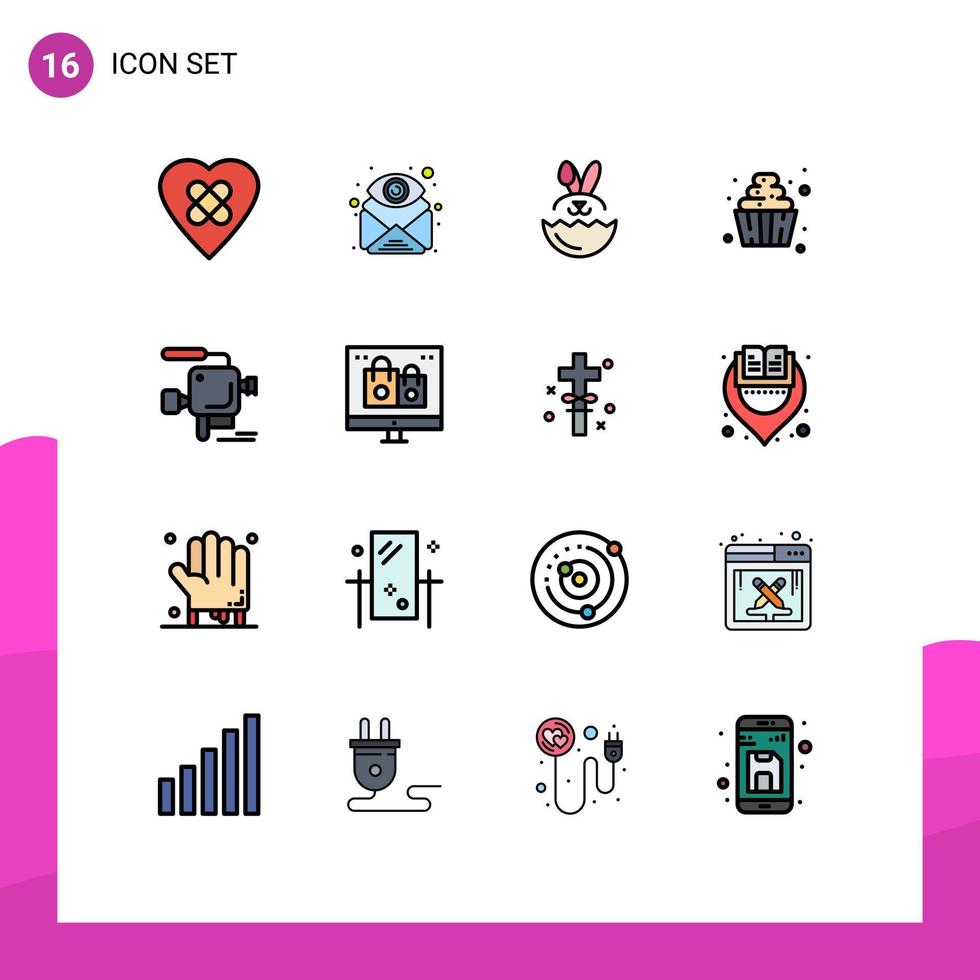 moderner Satz von 16 flachen, farbig gefüllten Linien Piktogramm von Filmkamera-Ei-Bonbons-Essen editierbare kreative Vektordesign-Elemente vektor