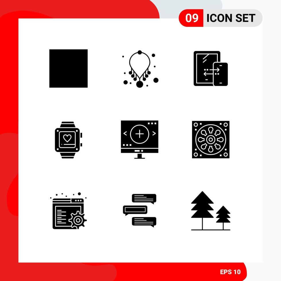 solides Glyphenpaket mit 9 universellen Symbolen der Computerherzkette Liebestechnologie editierbare Vektordesignelemente vektor
