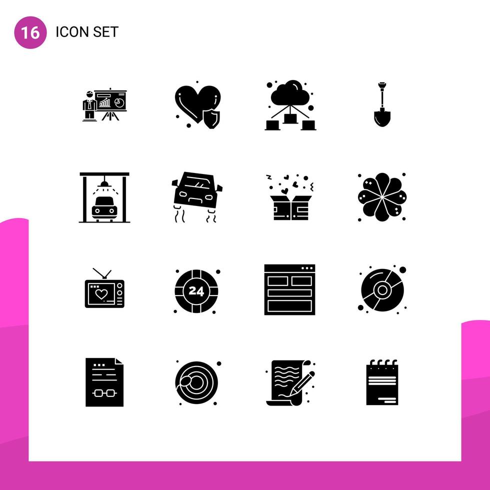 moderner Satz von 16 soliden Glyphen und Symbolen wie Service-Grab-Web-Reparatur-Schaufel editierbare Vektordesign-Elemente vektor