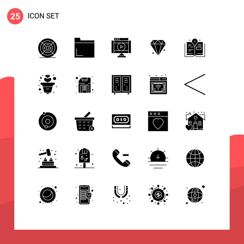 mobil gränssnitt fast glyf uppsättning av 25 piktogram av utbildning juvel film Smycken diamant redigerbar vektor design element