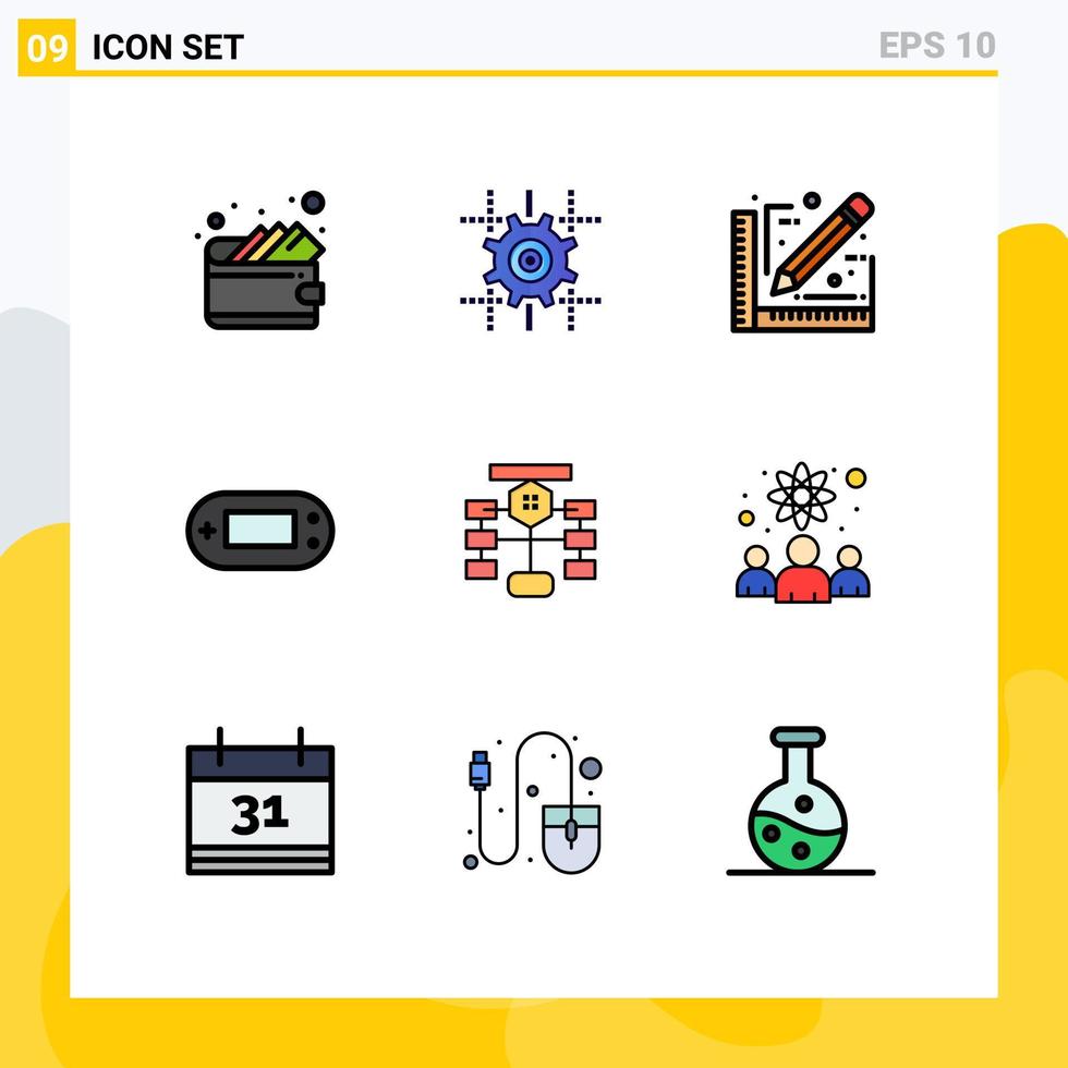 Piktogrammsatz von 9 einfachen gefüllten flachen Farben des Diagramm-Flussdiagramm-Designs PSP-Spiele editierbare Vektordesign-Elemente vektor