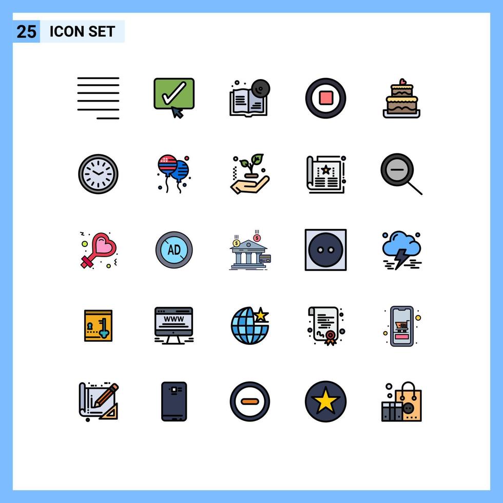 25 gefüllte Linien flaches Farbkonzept für mobile Websites und Apps Uhr Hochzeit Lesezeichen Kuchen Multimedia editierbare Vektordesign-Elemente vektor