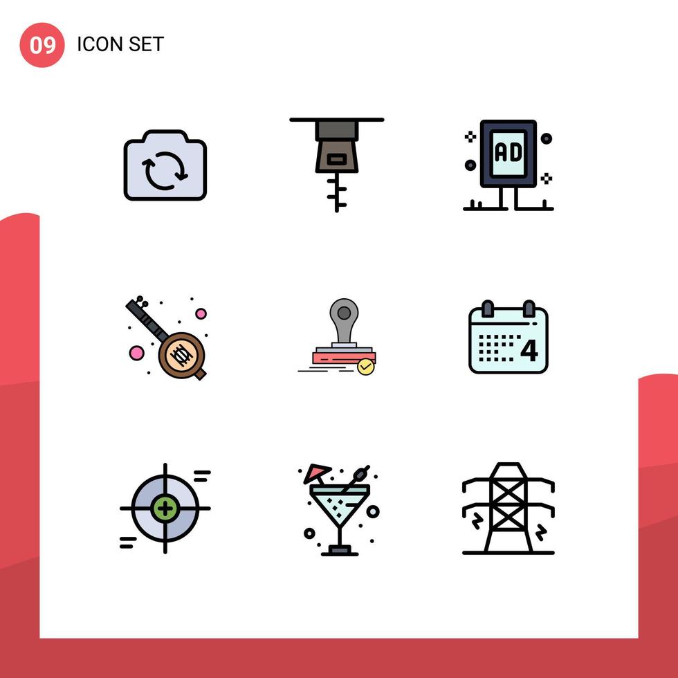 Gruppe von 9 modernen Filledline-Flachfarben für editierbare Vektordesign-Elemente der Pressestempeltafel Partymusik vektor