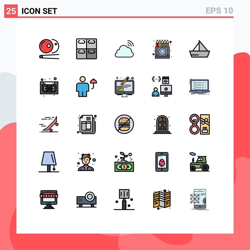25 fylld linje platt Färg begrepp för webbplatser mobil och appar båt teckning regnbåge kritor låda redigerbar vektor design element