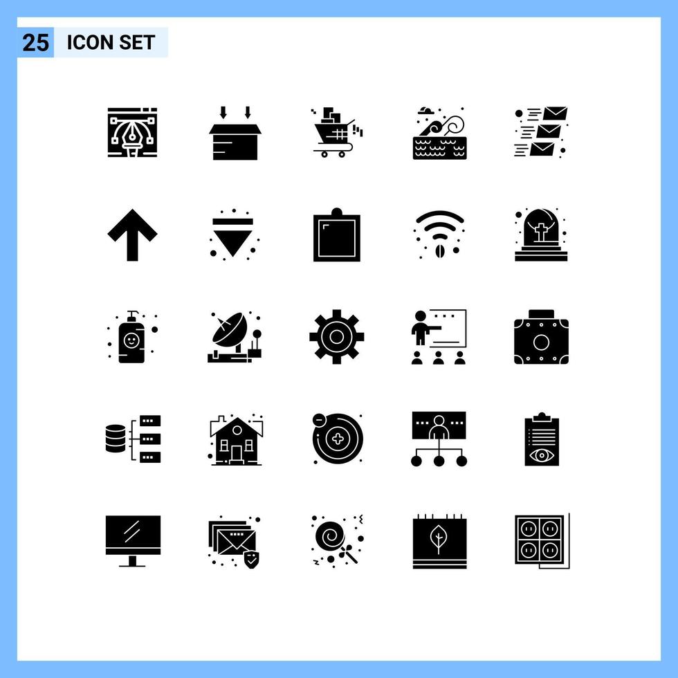 redigerbar vektor linje packa av 25 enkel fast glyfer av utskick e-post marknadsföring hållare vatten parkera redigerbar vektor design element