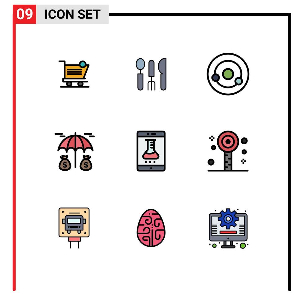 9 gefülltes flaches Farbkonzept für mobile Websites und Apps mobiler App-Store-Schutz Reiseversicherungsmolekül editierbare Vektordesign-Elemente vektor