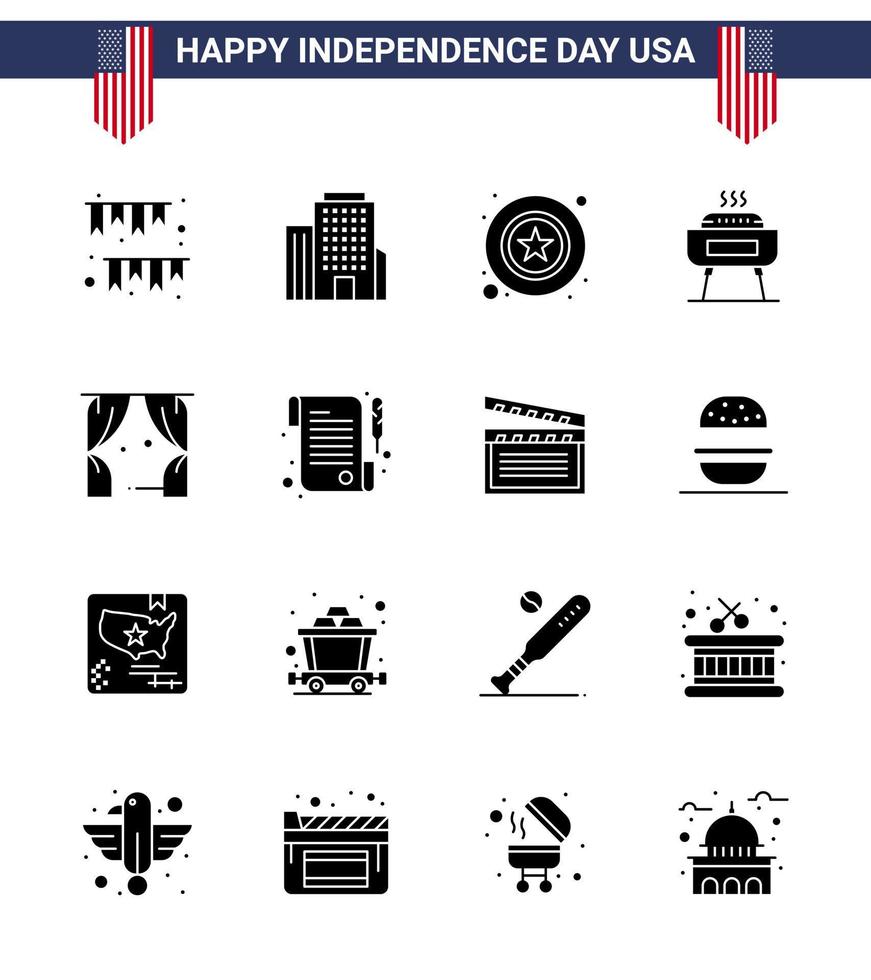 Packung mit 16 kreativen USA-Unabhängigkeitstag-bezogenen soliden Glyphen von Freizeit-Urlaub-Männer-Fest-Barbeque-editierbaren USA-Tag-Vektordesign-Elementen vektor