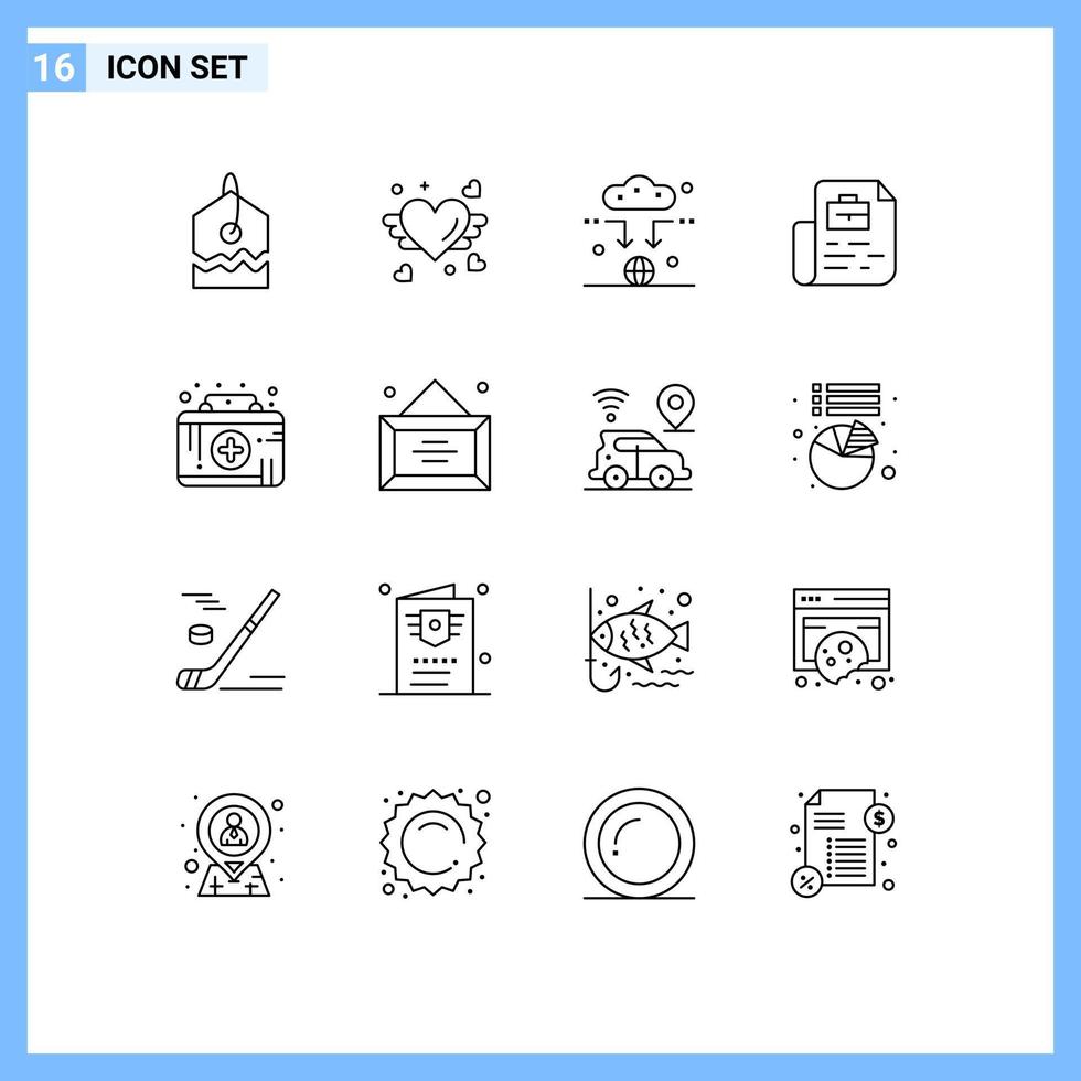 Stock Vector Icon Pack mit 16 Zeilenzeichen und Symbolen für Erste-Hilfe-Kit für medizinische Hilfe Connect Bag Job editierbare Vektordesign-Elemente