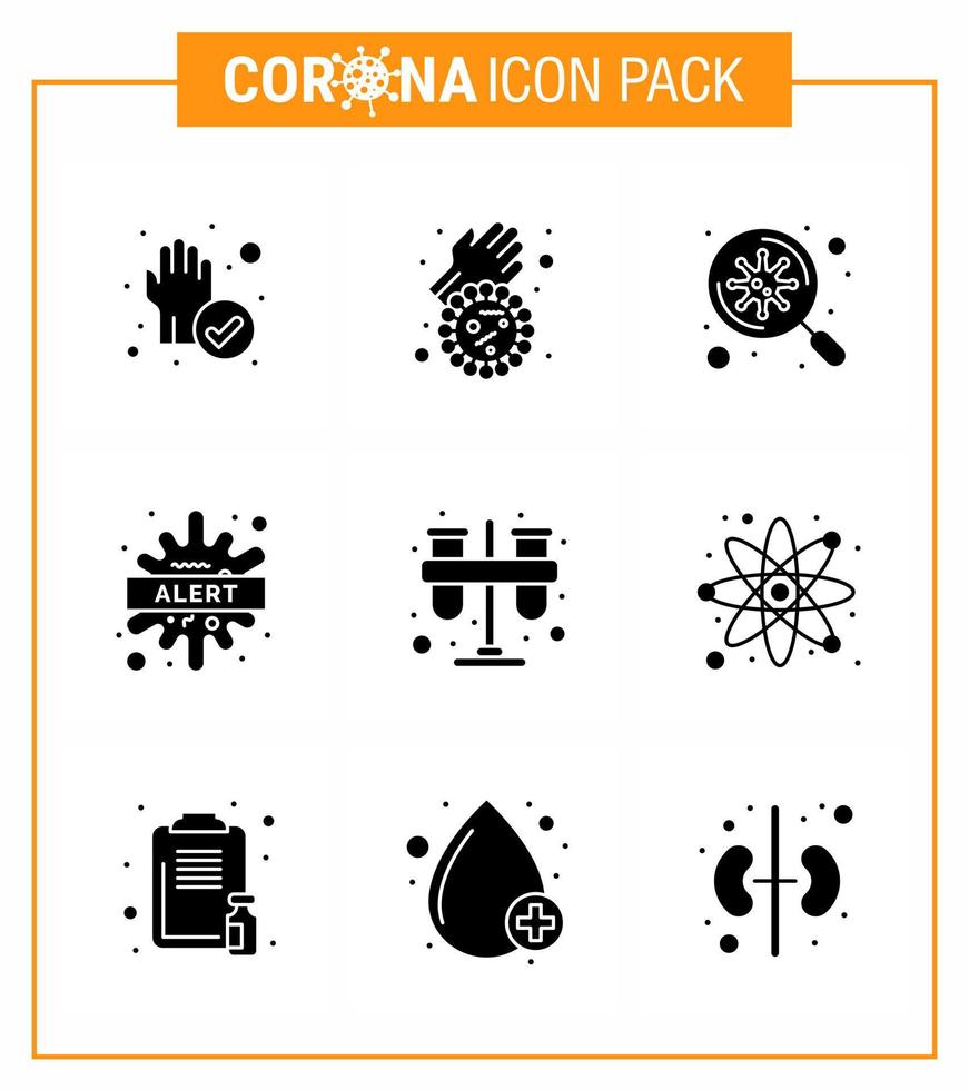 Corona-Virus-Prävention covid19-Tipps zur Vermeidung von Verletzungen 9 solides schwarzes Glyphen-Symbol zur Präsentation Testkrankheit Bakterien Bakterien warnen Virus-Coronavirus 2019nov-Krankheitsvektor-Designelemente vektor