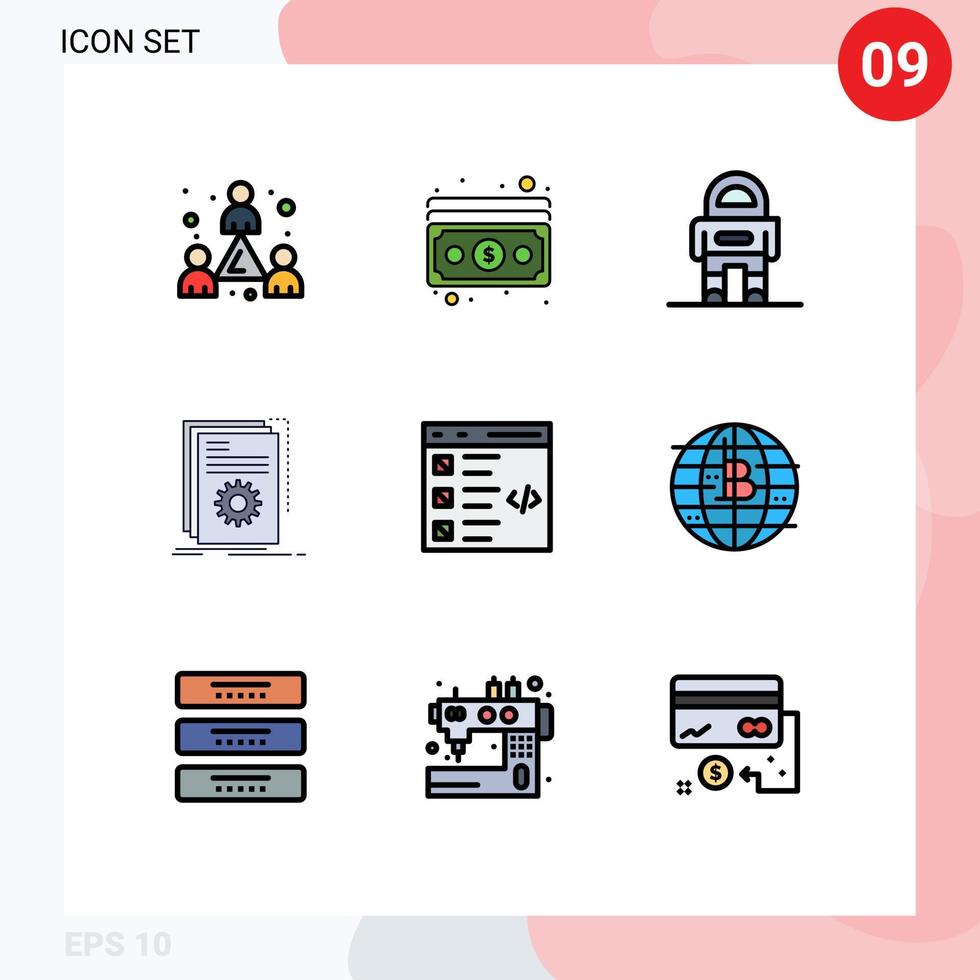grupp av 9 fylld linje platt färger tecken och symboler för kolla upp program astronaut utvecklare app redigerbar vektor design element