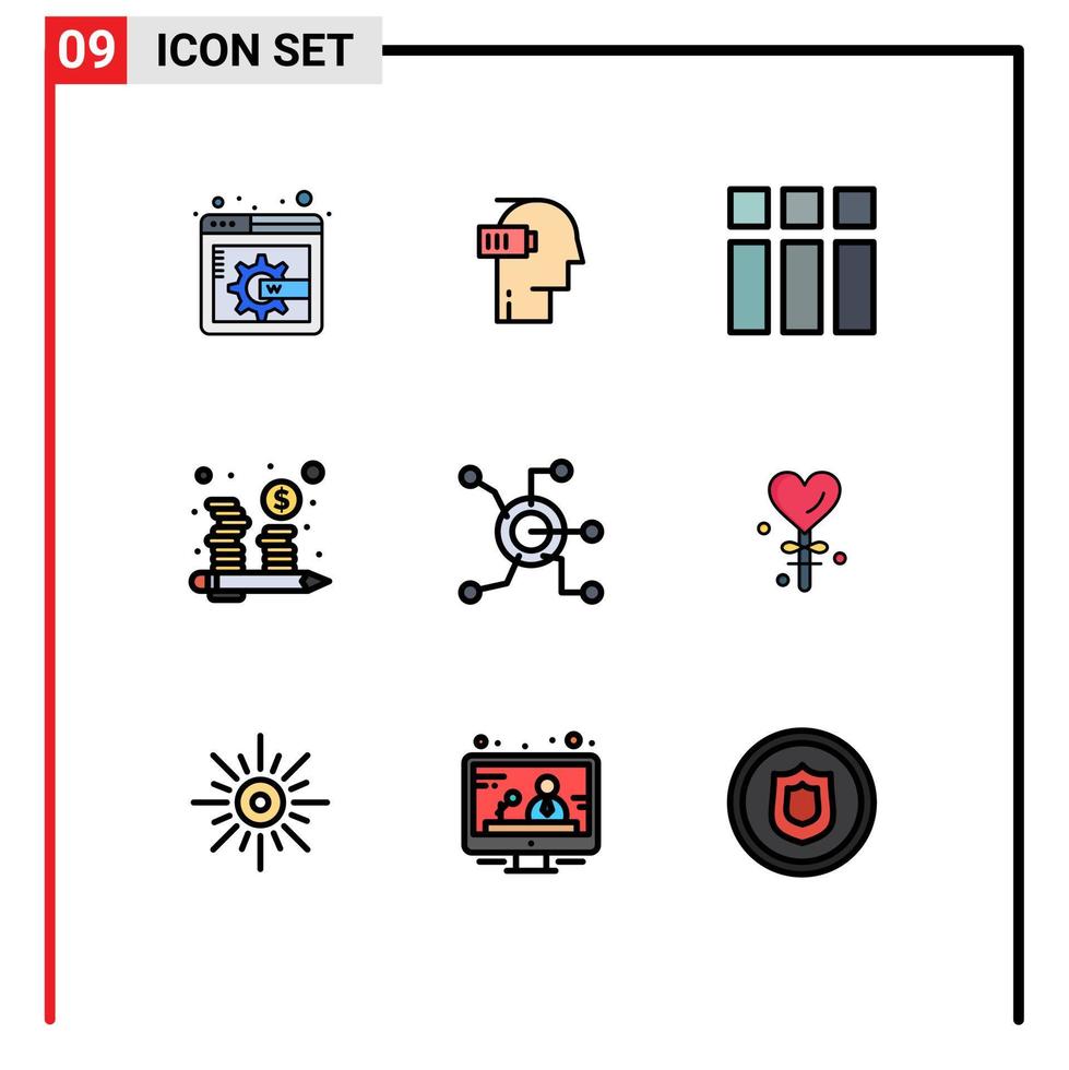 9 universelle, gefüllte, flache Farbzeichen, Symbole für weltweite Datenrahmen-Management-Münzen, editierbare Vektordesign-Elemente vektor