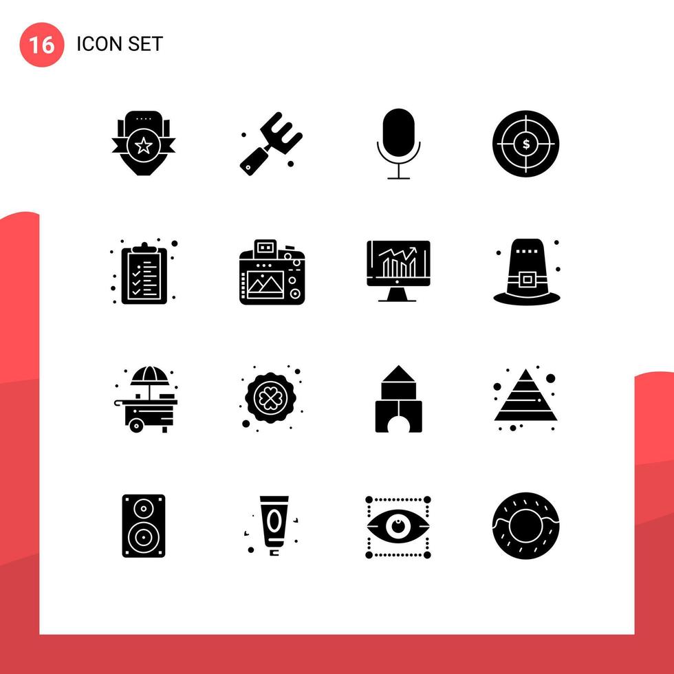 uppsättning av 16 vektor fast glyfer på rutnät för kolla upp lista marknadsföring gaffel finansiera publik redigerbar vektor design element