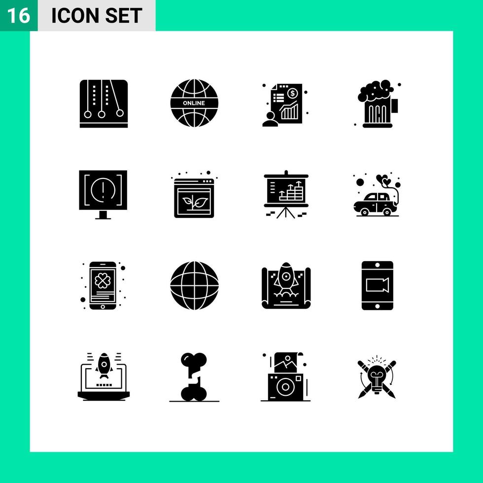 solides Glyphenpaket mit 16 universellen Symbolen für Hilfekontaktdiagramm Party Bier editierbare Vektordesign-Elemente vektor