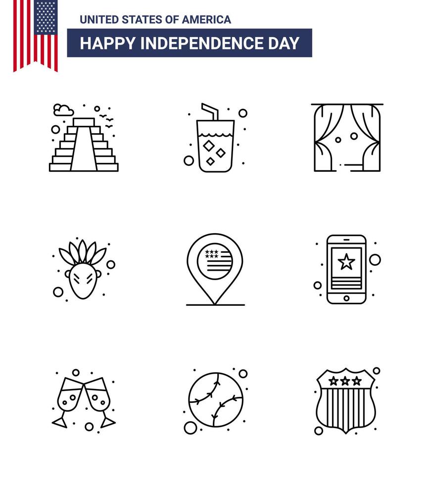 Lycklig oberoende dag 9 rader ikon packa för webb och skriva ut Karta amerikan underhållning tacksägelse amerikan redigerbar USA dag vektor design element