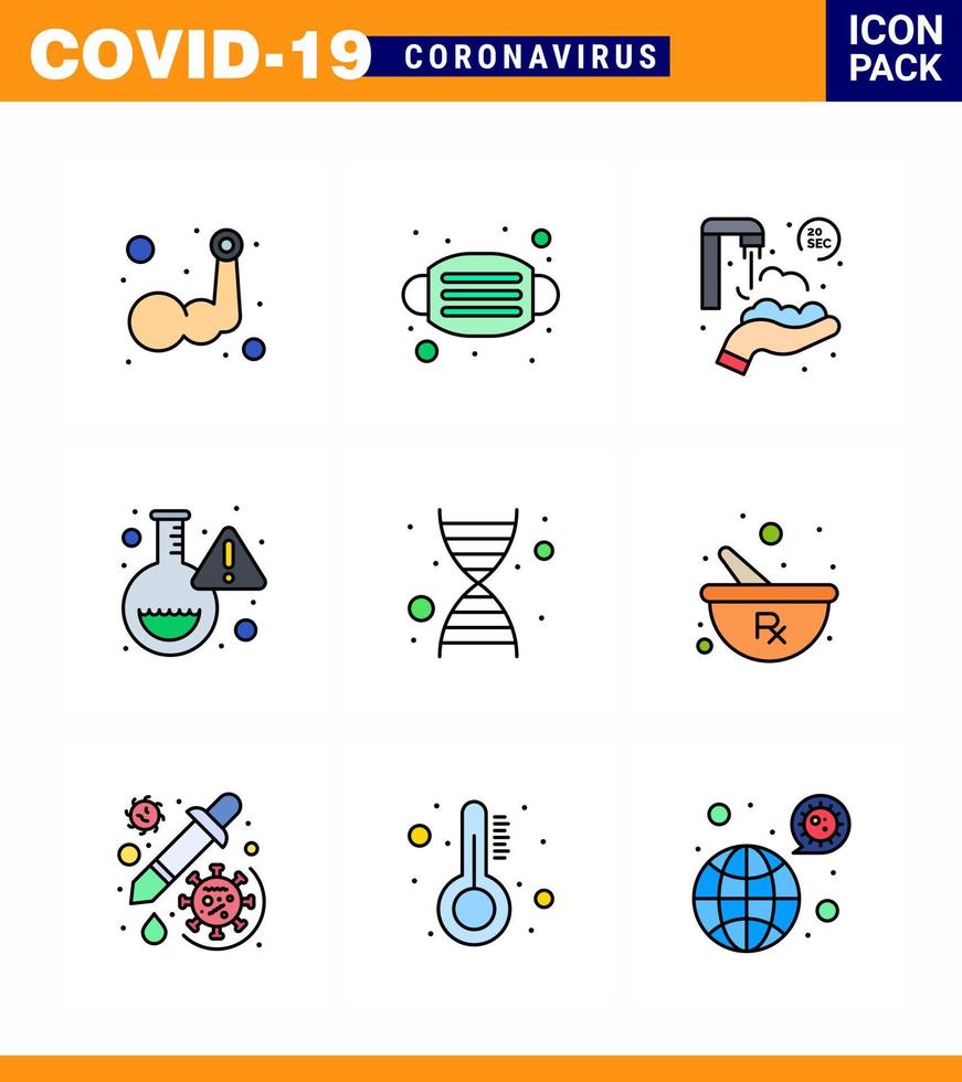 covid19 symbolsatz für infografik 9 gefüllte linien flache farbpakete wie dna forschung sicherheitslabor waschen virale coronavirus 2019nov krankheitsvektordesignelemente vektor