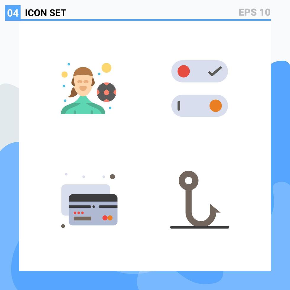 modern uppsättning av 4 platt ikoner pictograph av kvinna spelare pengar spelar fotboll toggle fiske redigerbar vektor design element