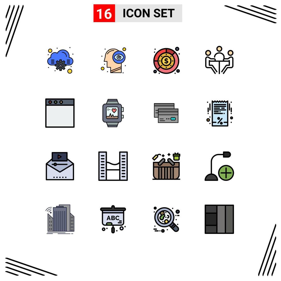 moderner Satz von 16 flachen, farbgefüllten Linien und Symbolen wie App-Diskussionsausgaben Konferenzgeschäft editierbare kreative Vektordesign-Elemente vektor