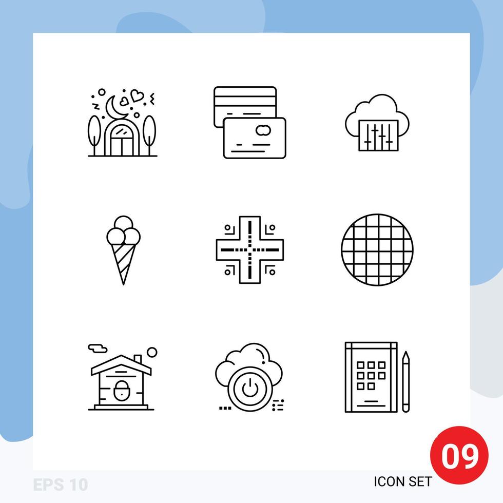 Stock Vector Icon Pack mit 9 Zeilenzeichen und Symbolen für Food Location Connection Map Ice Cream editierbare Vektordesign-Elemente