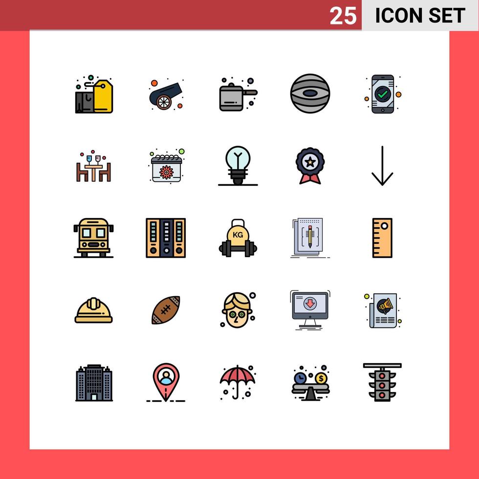 25 thematische vektorgefüllte flache Linienfarben und editierbare Symbole von ok check kitchen authentication space editierbare Vektordesign-Elemente vektor