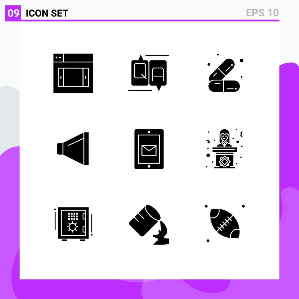 fast glyf packa av 9 universell symboler av Stöd chatt kosmetika mobil högtalare redigerbar vektor design element
