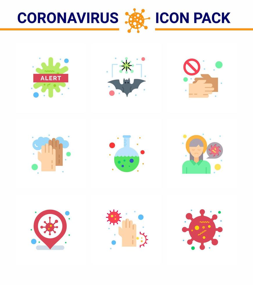 9 flache Farbsätze von Corona-Virus-Epidemie-Symbolen wie Hände berühren Grippe-Shake-Hand ohne Virus-Coronavirus 2019nov-Krankheitsvektor-Designelemente vektor