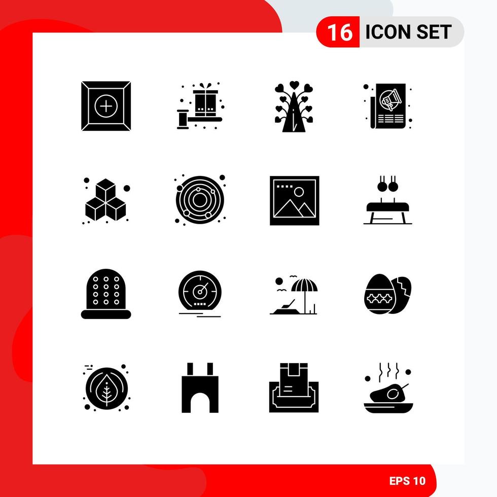 Gruppe von 16 soliden Glyphen Zeichen und Symbolen für Pressenachrichten lieben Marketing Valentinstag editierbare Vektordesign-Elemente vektor