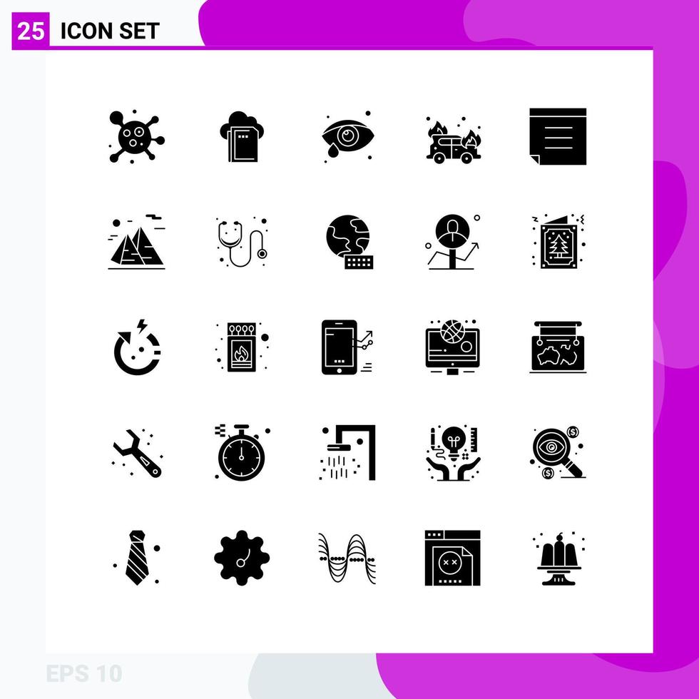Gruppe von 25 modernen soliden Glyphen, die für bearbeitbare Vektordesign-Elemente für Naturbergauge-Gesundheitstext-Feuerwehrmann festgelegt wurden vektor