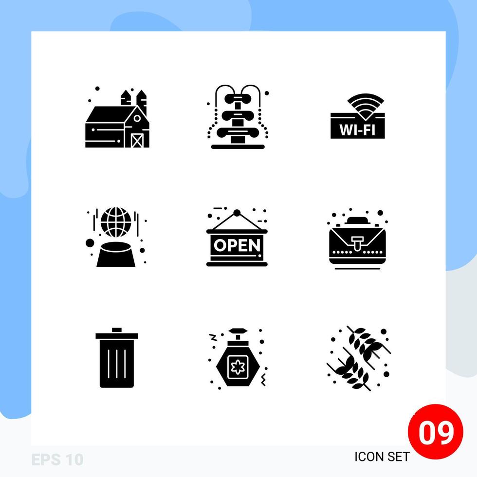 uppsättning av 9 kommersiell fast glyfer packa för affär styrelse wiFi nätverk klot redigerbar vektor design element