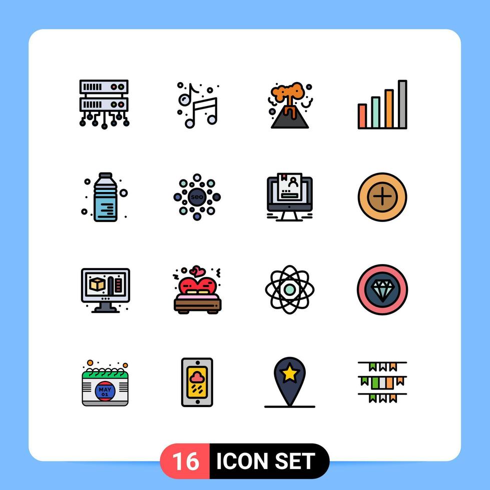 16 thematische Vektor-Flachfarben gefüllte Linien und editierbare Symbole der Wassergetränk-Kernflasche signalisieren editierbare kreative Vektordesign-Elemente vektor
