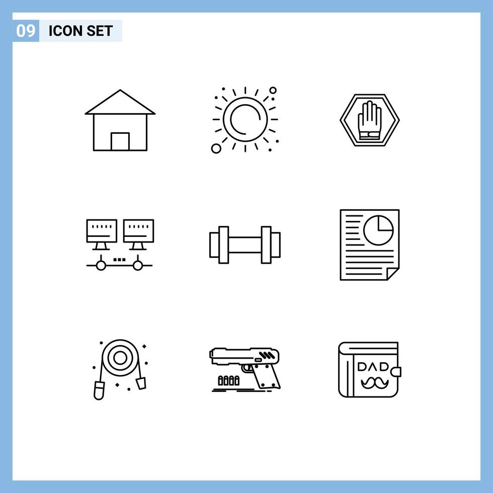 Piktogrammsatz mit 9 einfachen Umrissen von editierbaren Vektordesign-Elementen für den Datenverkehr im Fitnessstudio-Netzwerk vektor