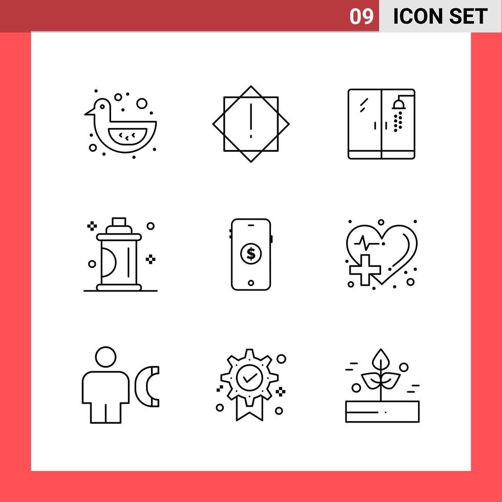 9 Icon Pack Line Style Umrisssymbole auf weißem Hintergrund einfache Zeichen für die allgemeine Gestaltung vektor