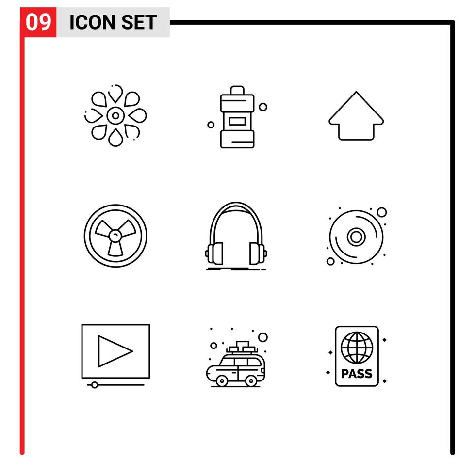9 Umrisskonzept für Websites, Handys und Apps, Kopfhörer, Audio, Waschmittel, Wissenschaft, Biogefährdung, editierbare Vektordesign-Elemente vektor
